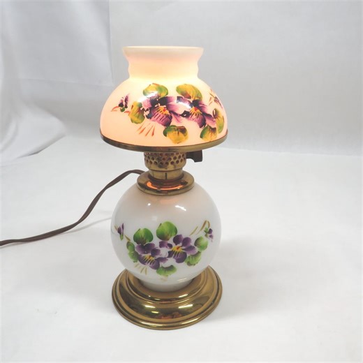 Table Lamp Small Milk Glass Hand Painted Brass Accents Vintage Home Collectible - Etsy