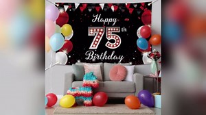 JOYKY Happy 75th Birthday Banner, Red Black Happy 75th Birthday Party Decorations for Men Women, 75 Year Old Birthday Supplies Backdrop Décor, 5.9 X 3.8 Fts