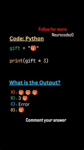 Shobhit Kumar on Instagram: "⚡Daily Python Challenge⚡ Comment your answer now ⬇️ — fastest coder gets pinned 🏆 Ready to level up your coding game? 🚀 “Brands: DM ‘Promo’ for collaboration” Follow @neurocodez0 #neurocodez0 #PythonCoding #PythonProgramming #LearnPython #DailyPython #CodeChallenge #PythonMCQ #PythonDeveloper #PythonForBeginners #CodeDaily #100DaysOfCode #programminglife #CodingQuiz"