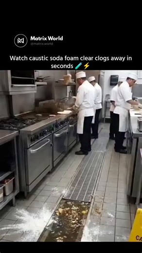 Matrix World on Instagram: "This post explains an AI-generated demonstration showing how caustic soda (sodium hydroxide) reacts with drain clogs through an intense exothermic foaming process. The reaction breaks down grease, hair, and organic buildup by turning fats into soap-like compounds, which helps clear blockages. While often presented as a cheap DIY fix, the clip makes it clear this is for education, not promotion. Caustic soda is highly dangerous, capable of causing severe burns, damagin