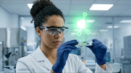 African American woman scientist in lab examining glowing sample with digital molecule visualization. Biotechnology research and molecular analysis concept in modern laboratory setting.