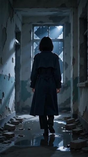 长：15s，比例：9:16，风格：写实影视短剧影视短剧实拍镜头，深夜破败待拆迁居民楼楼道，墙面斑驳脱落，地面散落碎砖块，天花板不断滴水，地面积水倒映冷光，窗外飘着细密雨丝，冷蓝色侧逆光，明暗强烈对比，悬疑压抑氛围感。24岁女主林拾，清冷禁欲大女主，乌黑及颈直发，素净淡妆，冷白皮，狭长墨色眼眸，神情淡漠克制，半边脸颊隐入阴影。身穿鸦青色长款垂坠风衣，内搭深灰立领束袖衬袍，黑色修身长裤，哑光黑色软底