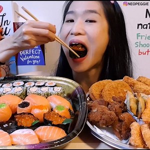 595K views · 3.9K reactions | Eating a platter of salmon sushi and some Japanese fried snacks! What's your favorite Japanese food? | Peggie Neo | Facebook