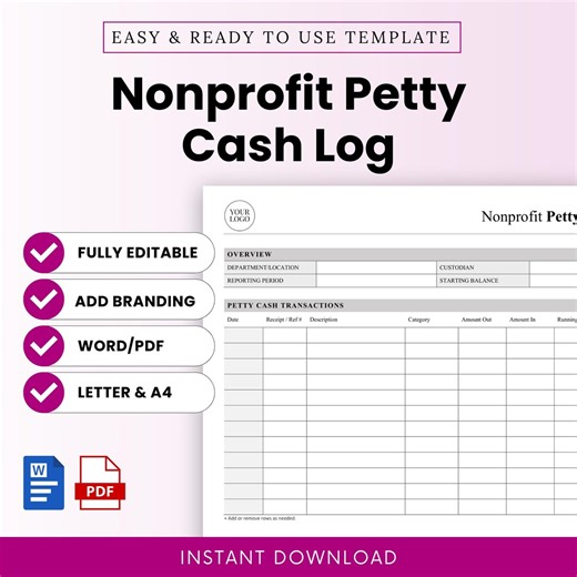 Nonprofit Petty Cash Log Template – Word & PDF, A4 + US Letter - Etsy
