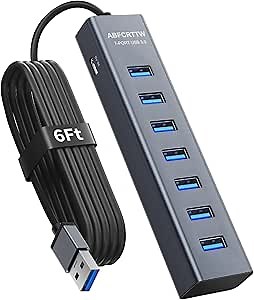 6Ft 7-Port USB 3.0 Hub for Desktop, Aluminium USB Extender Hub 5Gbps, Multiport Adapter, Long Cable for Desktop, PC, Flash Drive, Mobile HDD, Windows/XPS, 1.8m