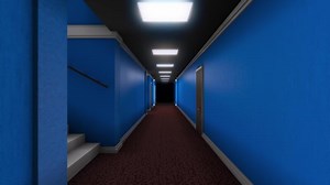 Long corridor with doors and darkness at end. Animation. Moving forward into final darkness of long corridor with doors and linear lamps. Frightening corridor in game