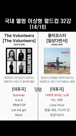 국내 앨범 이상형 월드컵 32강 열네 번째 매치, The Volunteers - [The Volunteers] vs 롤러코스터 - [일상다반사]