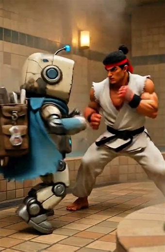 Keeper Parries Ryu’s Pixelated Hadouken in the Classic Street Fighter Bathhouse 🔥⚔️