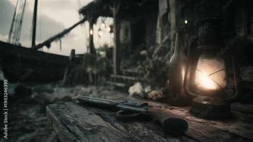 Antique Pistol and Glowing Lantern on Rustic Table by Derelict Boat and Abandoned Shack.