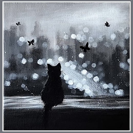 Cat in Beautiful Night Acrylic Painting Color used : White, Black Canvas : 20cm x 20cm IG : @eldrawingarts #acrylicpainting #artist #artwork #art #painting #eldrawingarts #beautifulpainting | El Drawing Arts