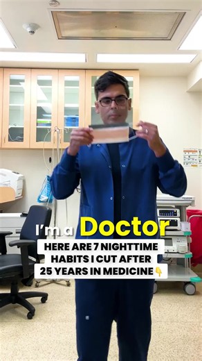 Here are 7 nighttime habits I cut after 25 years in medicine 👇 7. Drinking large amounts of water right before bed 👉 Nocturia affects more than 50% of adults over 60 - and each nighttime waking fragments your deep sleep cycle. 6. Scrolling my phone in bed 👉 Blue light can suppress melatonin production by up to 50%, making it harder to fall asleep and stay asleep. 5. Late-night eating 👉 Eating within 3 hours of bedtime is associated with 7x higher odds of GERD symptoms - one of the strongest 