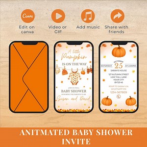 Editable Animated Fall Baby Shower Invitation | Little Pumpkin Video Invite | Canva Template, Autumn Clothesline With Music Digital Invite - Etsy