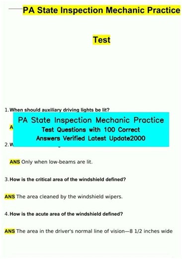PA State Inspection Mechanic Practice Test Questions with 100 Correct Answers Verified Latest Upda