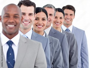 Unity in Leadership: A diverse group of professionals, united in purpose and demeanor, exudes confidence and collaboration in a corporate setting.