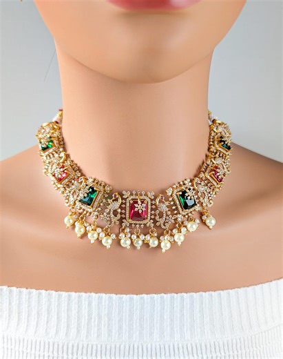 Gold Polish Peacock AD Necklace Set: Ruby, Green, Pearl Drop - Etsy