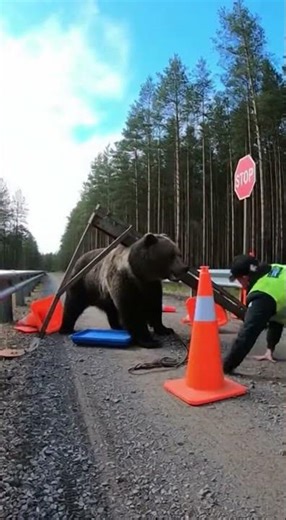 Ussuri Brown Bear rushes a guard at the checkpoint boom gate #brownbear