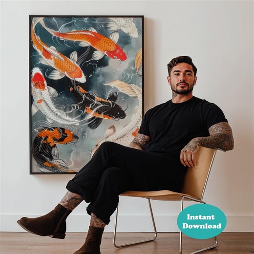 Koi Fish Pond Poster, Japanese Inspired Wall Art, Serene Water Illustration Print, Colorful Zen Nature Decor - Etsy