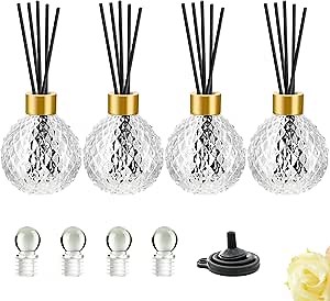 Reed Diffuser Bottle Glass Diffuser Bottles Round 7oz/210ml Set of 4 Empty Clear Essential Oil Diffuser Bottles with Golden Caps and Reed Sticks Decorative Bottle Set Bulk Reusable Perfume Jar