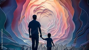 Father and son walk through a colorful, abstract tunnel in an enchanting setting during a peaceful evening stroll