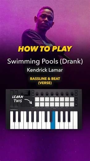 Melodics on Instagram: "Learn How to Play the Bassline + Beat from “Swimming Pools (Drank)” by Kendrick Lamar 🎧 Produced by T-Minus and Nikhil Seetharam, this track samples “Distance” by Chrome, giving it the track’s hypnotic low end and crisp drums, making it one of Kendrick’s most iconic grooves 🏊‍♂️ Start with the four note bass line (alternatively you can put this on loop or get a friend to play it 🔁) Add the hi-hats, the kick, then finish it off with the snare 🥁 Gear Spotlight: @weareno