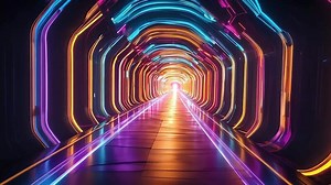 Download The neon-drenched depths of a cyberpunk city, where a mesmerizing tunnel of light guides the way through a labyrinth of futuristic architecture and technology. for free