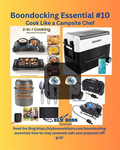 Boondocking Essential #10 — Cook Like a Campsite Chef Cooking Gear (Stoves & Cookware) Portable stoves, and compact kitchen kits make off-grid meals simple and unforgettable. 👉 Full boondock cooking setup inside the blog. https://slybossoutdoors.com/boondocking-essentials-how-to-stay-powered-safe-and-prepared-off-grid/ #Boondocking #DryCamping #CampingGear #RVLife #VanLife #Overlanding #CampingEssentials #OutdoorGear #RVCamping #CampSetup #AdventureLife #StayPrepared #OffGridReady #CampingCommu