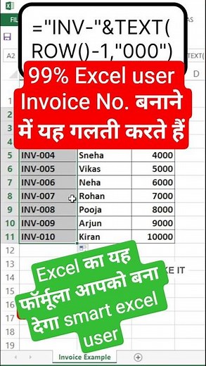 Excel Auto Invoice Number Formula in 30 Seconds 🔥 | INV-001, INV-002 #shorts #excel