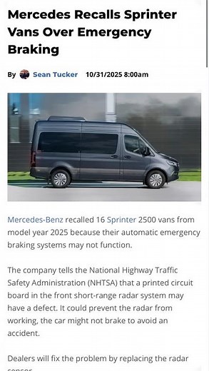 Mercedes Recalls Sprinter Vans Over Emergency Braking