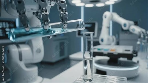 Advanced robotic arm precisely pouring a chemical liquid from one test tube to another, showcasing automated lab work and future technology