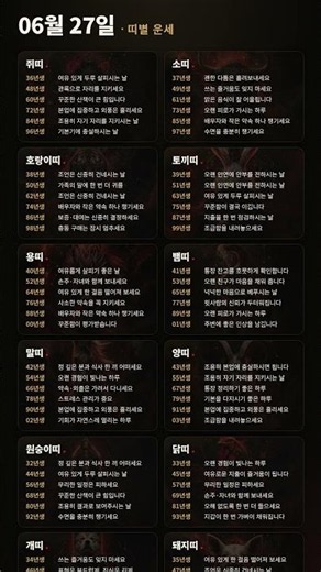 06.27 띠별 운세 한 장 정리 | 쥐·소·호랑이·토끼·용·뱀·말·양·원숭이·닭·개·돼지띠 🔮