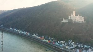 Schloss stolzenfels castle stolzenfels medieval and historic with the river rhine near koblenz in the middle rhine valley Mittelrheintal in Rhineland Palatinate aerial drone panorama shot 30p