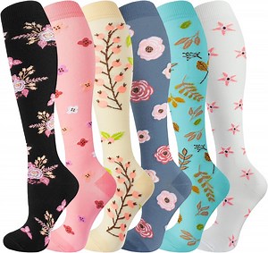 6 Pairs Compression Socks for Women & Men Circulation-Support Knee High Socks for Running,Travel,L/XL