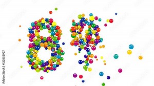 Colorful red, orange, yellow, blue and green spheres in the shape of eight percent over isolated white background