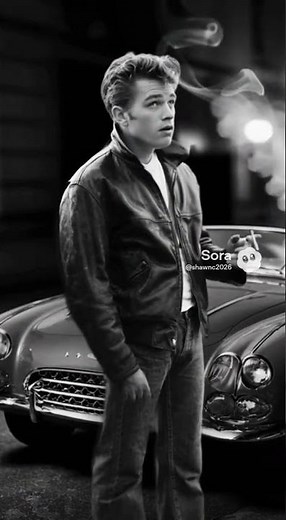 James Dean smoking a cigarette near a 1950s corvette
