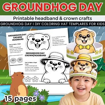Groundhog Headband & Crown Craft, DIY Coloring Hat Templates for Groundhog Day