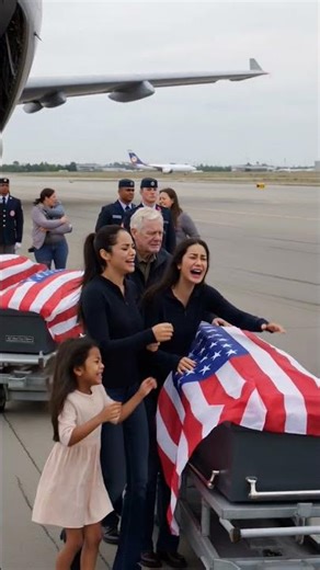 Honor guard carries a fallen US Army soldier’s flag-draped coffin down the aircraft ramp as grieving