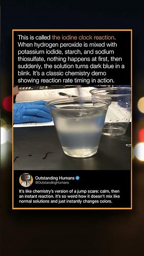 This is called the iodine clock reaction. When hydrogen peroxide is mixed with potassium iodide