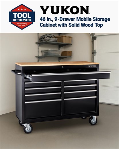 The YUKON 46-inch Mobile Storage Cabinet has 9 full-extension ball-bearing sliding drawers and a durable solid wood top worksurface. | Harbor Freight