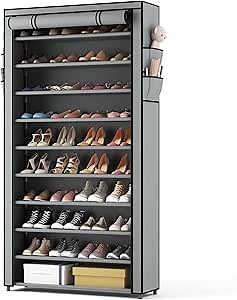 ROJASOP Shoe Rack with Covers, Stackable 10 Tier Tall Shoe Shelf Storage 50-55 Pairs Shoes and Boots Large Capacity Vertical Shoe Rack Organizer for Closet Entryway Garage Bedroom, Grey