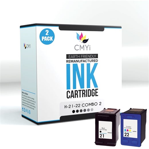 CMYi 21 and 22 Combo Ink Cartridges Compatible for HP Deskjet Printer, 1 Black, 1 Tri-color