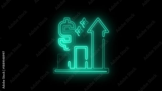 Glowing cyan Neon Finance Growth Icon with Dollar Sign and Upward Arrow, Animated Neon Money Growth and Business Success Concept, Digital Finance Icon Loop: Neon Dollar Sign and Bar Chart