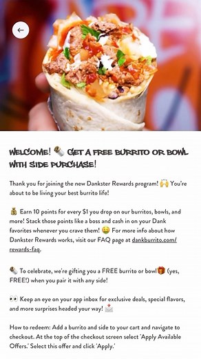 1.2K views · 32 reactions | The news you’ve all been waiting for is here…  INTRODUCING THE DANK APP!!! It’s your one-stop-shop for all things Dank: Order Food, Earn Rewards, Access the Secret Menu, and MORE. First 1000 downloads get a FREE BURRITO with purchase of a side!  Now available on the App Store and Google Play. **If you already have an online ordering account, do not create a new account. Simply reset your password.** | Dank Burrito | Facebook