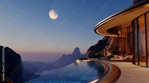 Smooth movement of the moon in the sky over the pool against the background of mountains.beautiful view of moon at night from swimming pool
