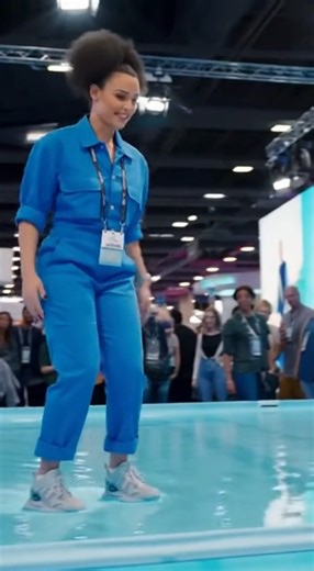 At a futuristic tech expo, a presenter demos Aqua Strides — advanced water-shoes with buoyant stabilizers and micro-jet balance tech that lets you actually walk across the surface. Smooth steps. Zero sinking. Is this the future of water travel? #TechDemo #AIVideo | Pro Inventions
