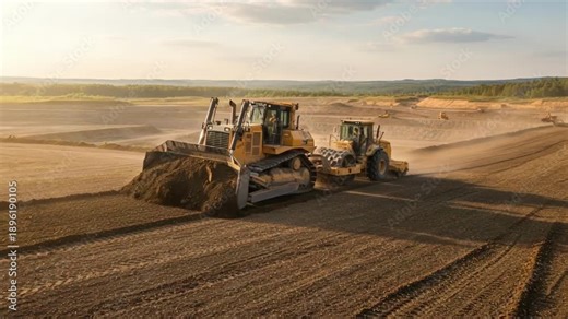 Medium shot showing heavy machinery smoothing soil in an opencast mine preparing the land for vegetation growth postmining.