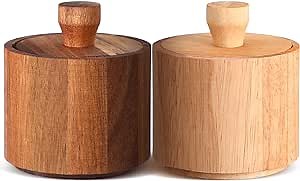 Ziliny 2 Pcs Wooden Pepper Salt Box Cellar with Lid Set Rustic Pepper Holder Condiment Pots Small Salt Keeper for Kitchen Spice Sugar Trinket Gift, 3.35 x 2.95 Inch