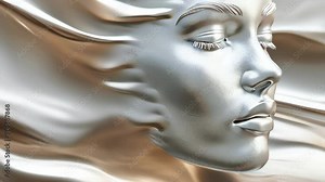 Exploring the intricate design of a silver abstract face with flowing hair in a contemporary art display