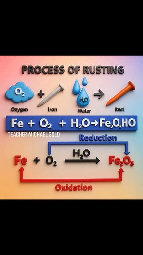 Chem Club on Instagram: "RUSTING PROCESS OF IRON Rusting is the corrosion of iron (or steel) in the presence of oxygen and moisture, forming a reddish-brown flaky layer called rust (hydrated iron(III) oxide, Fe₂O₃·xH₂O). KEY POINTS: 📌 CHEMICAL REACTION: 📒 Iron reacts with oxygen and water: 4Fe + 3O₂ + 6H₂O → 4Fe(OH)₃ 📒 Further oxidation forms rust: 2Fe(OH)₃ → Fe₂O₃·xH₂O (rust) + 3H₂O 📌 REQUIREMENTS FOR RUSTING: 📒 Presence of oxygen (O₂) and water (H₂O). 📒 Electrolytes (e.g., salt) accelera