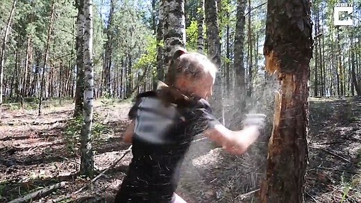 Little girl shows off her boxing skills punching down a tree