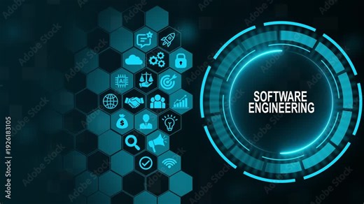 Software Engineering Futuristic HUD Dashboard with Hexagon Coding Architecture Icons and Advanced Digital Development Framework Concept